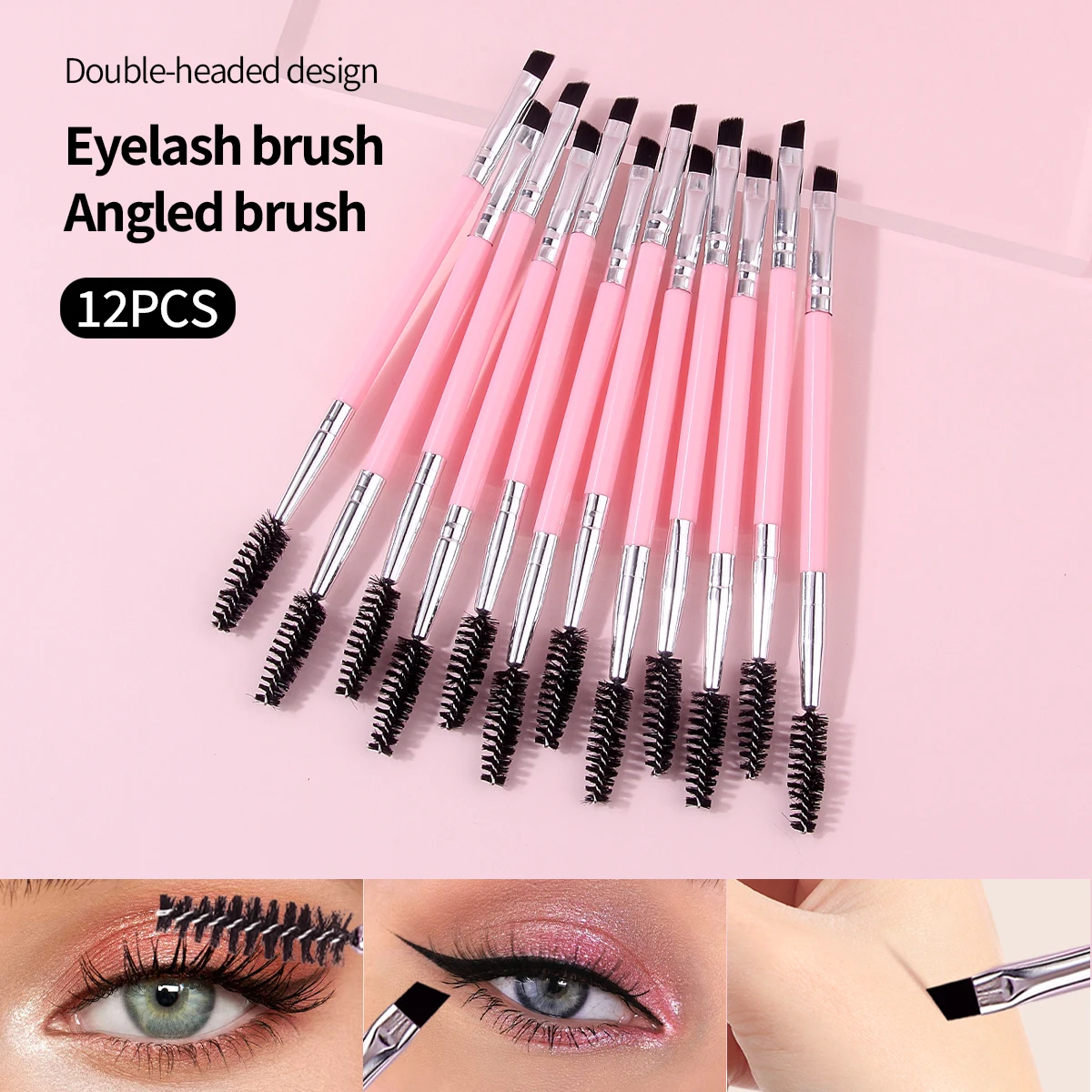 2026 New Double-headed Eyelash & Angled Eyebrow Brush 12PCS Pink Handle Makeup Tool for Brow & Lash Grooming