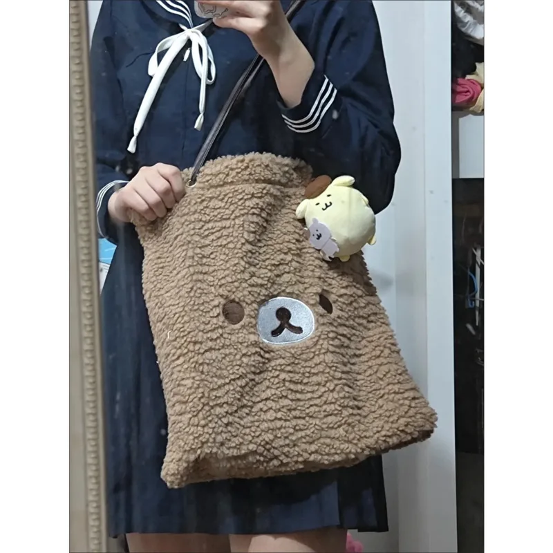 Cartoon Cute Rilakkumaed Bear Plush Shoulder Bag Fashion Versatile High Capacity Crossbody Bag Soft Tote Bag Girls Book Handbag