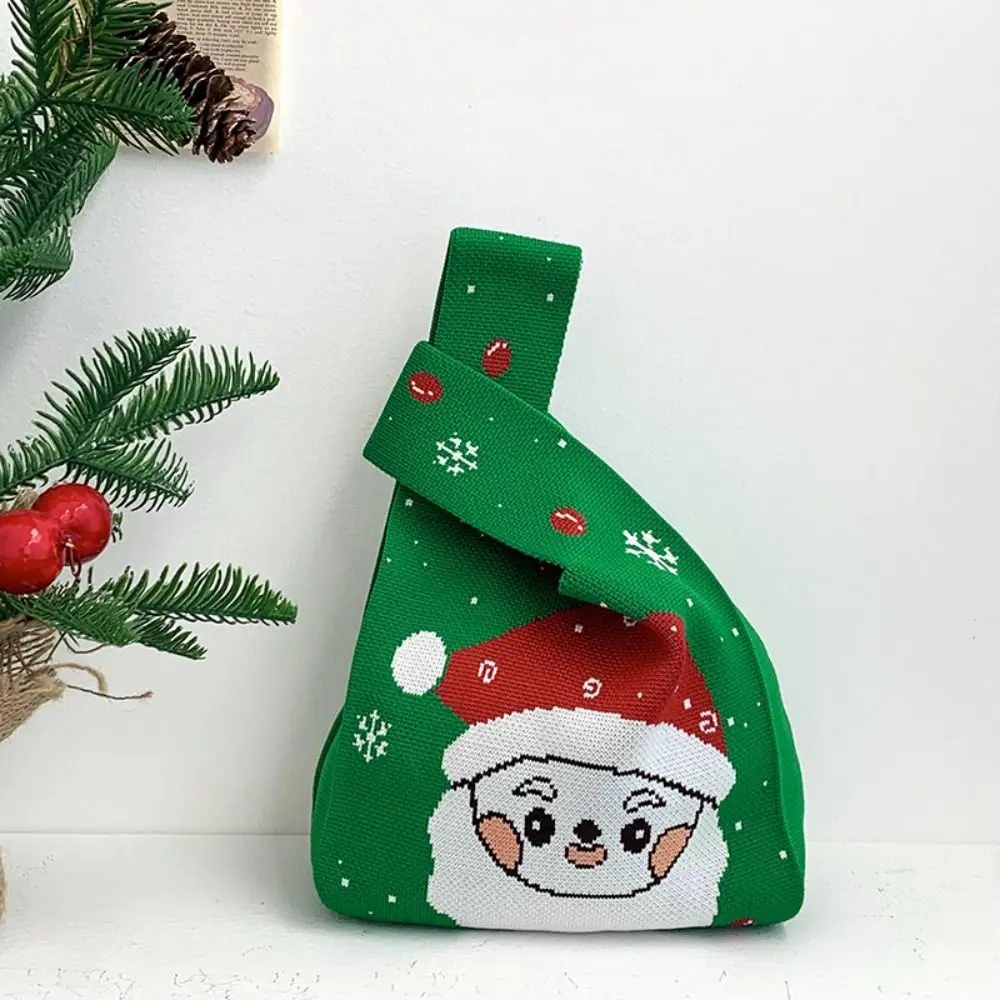 Simpatico regalo di Natale Borsa natalizia lavorata a maglia Borsa da polso con nodo in tessuto di cartone animato Borsa da Babbo Natale Borsa a secchiello in lana da viaggio