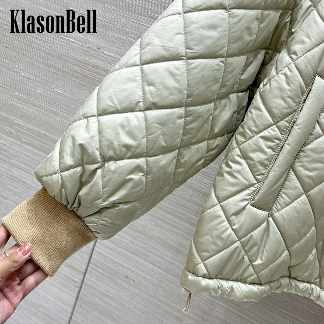 9.8 KlasonBell Women 2024 Autumn Winter New Quilted Argyle Plaid Corduroy Lapel Spliced Parkas Hem Adjustablewstring Design Coat