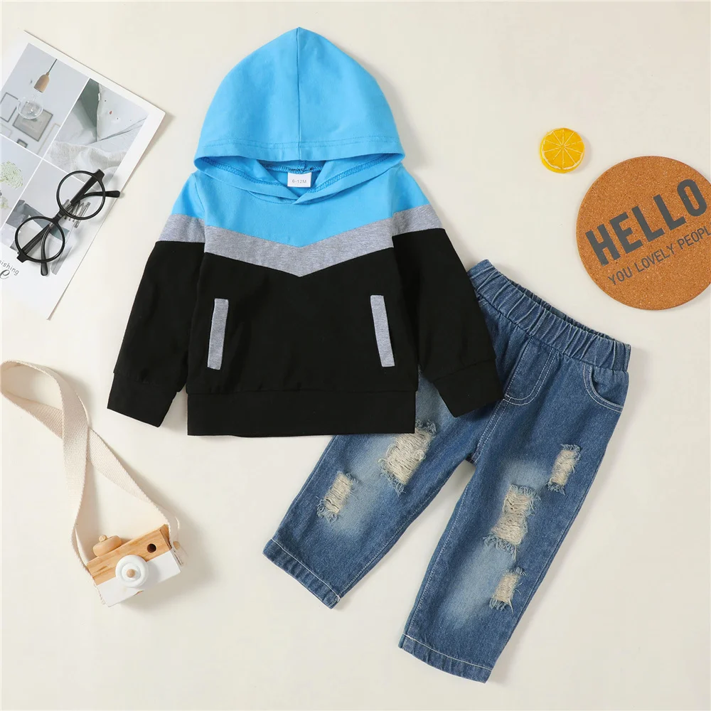 

1-5 Years Hooded Boy Clothes Kids Boy Clothes Set Fashion Color Blocking Long Sleeve Top+Ripped Jeans Spring Outfit Suit