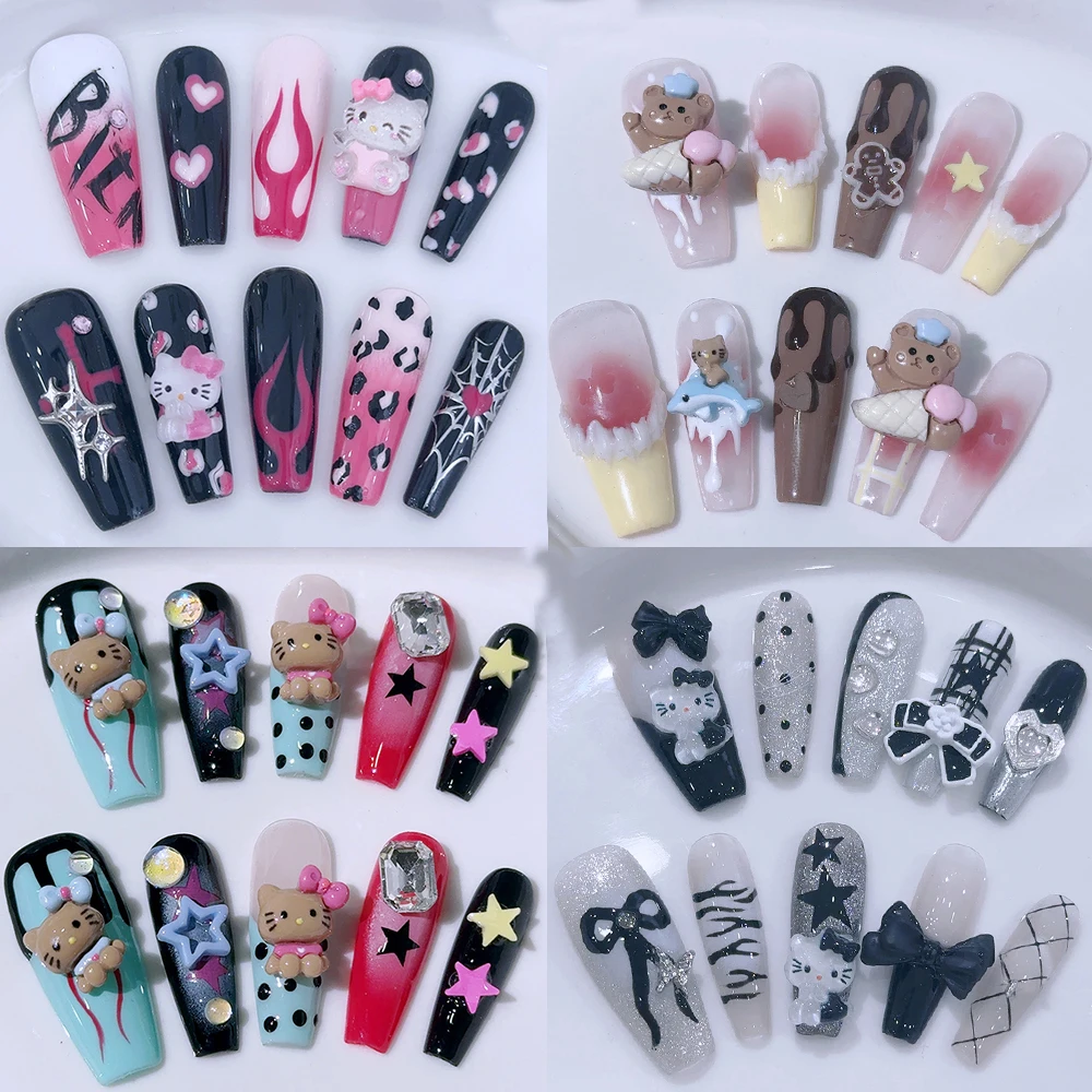 

Sanrio Hellokitty Long Coffin False Nails Bowknot Ice Cream Bear Flame Retro Star 3D Hawaiian Kt Press On Nail Tips Holiday Gift