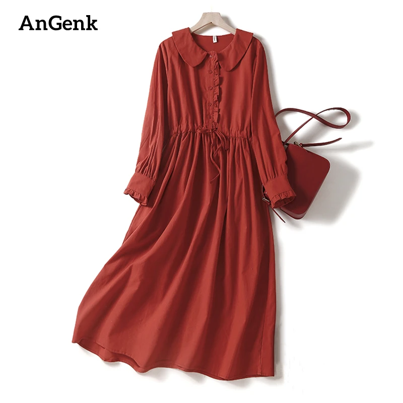 2024 New Spring Autumn Cotton Linen Long Sleeve Vintage Dresses For Women Casual Red Dress Robe Femme Elegant Fashion Clothing