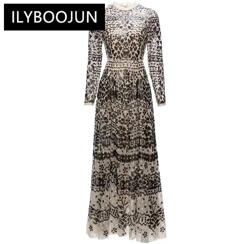 Autumn Mesh Long Dress O-Neck Long Sleeve Gorgeous Sequins Embroidery Vintage Party Maxi Dresses For Women 2023 Luxury Brand