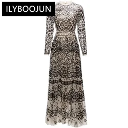 Autumn Mesh Long Dress O-Neck Long Sleeve Gorgeous Sequins Embroidery Vintage Party Maxi Dresses For Women 2023 Luxury Brand