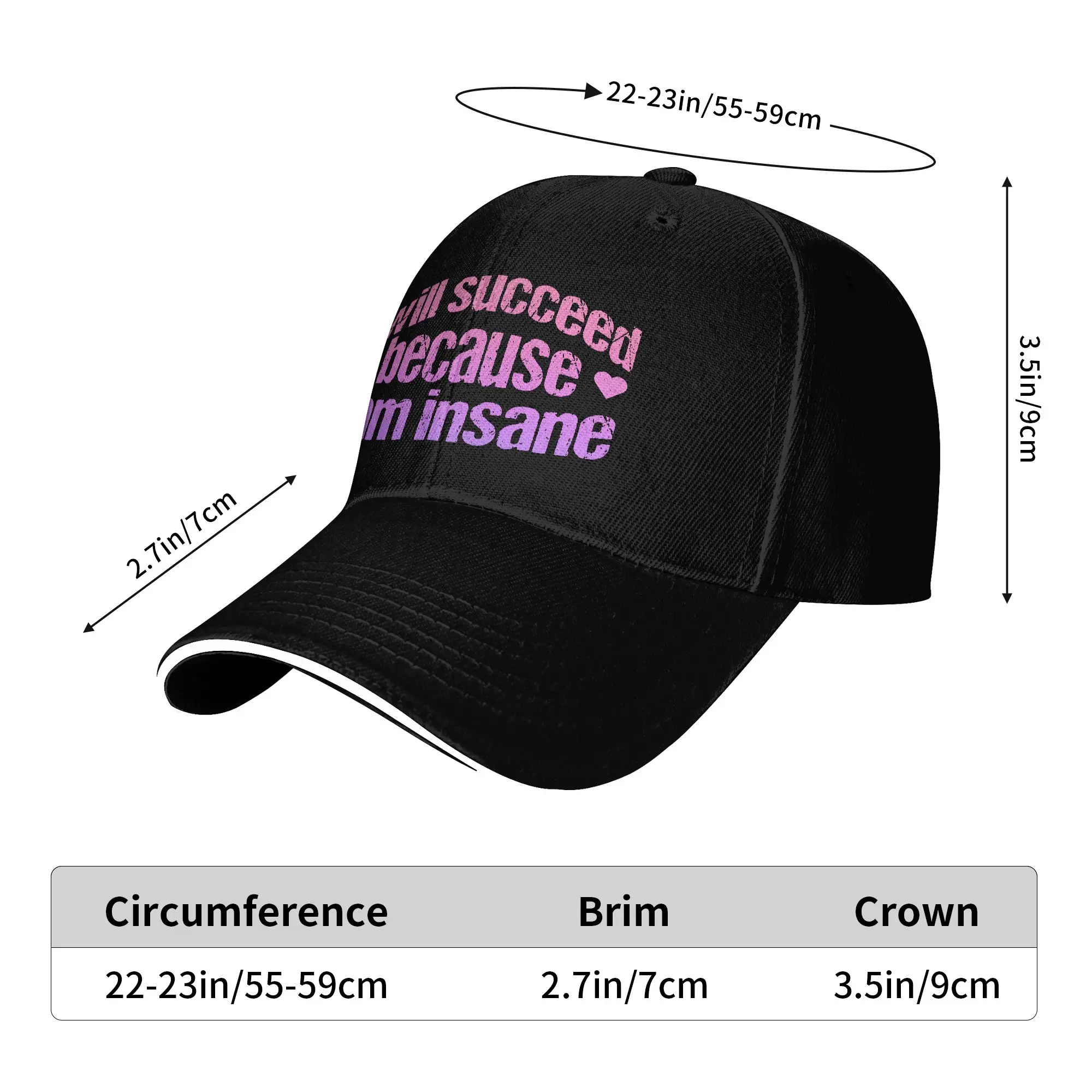 I Will Succeed Because I Am Insane Baseball Cap  Hiking Fishing Hot Sale Hip Hop Hats Women Men y2k Retro Design Snapback Cap