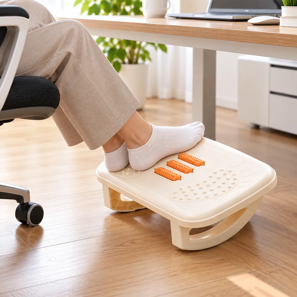 Ergonomic Under Desk Footrest Massage Rollers Non-Slip Base Foot Stool Posture Correction Pain Relief Rocking Foot Rest
