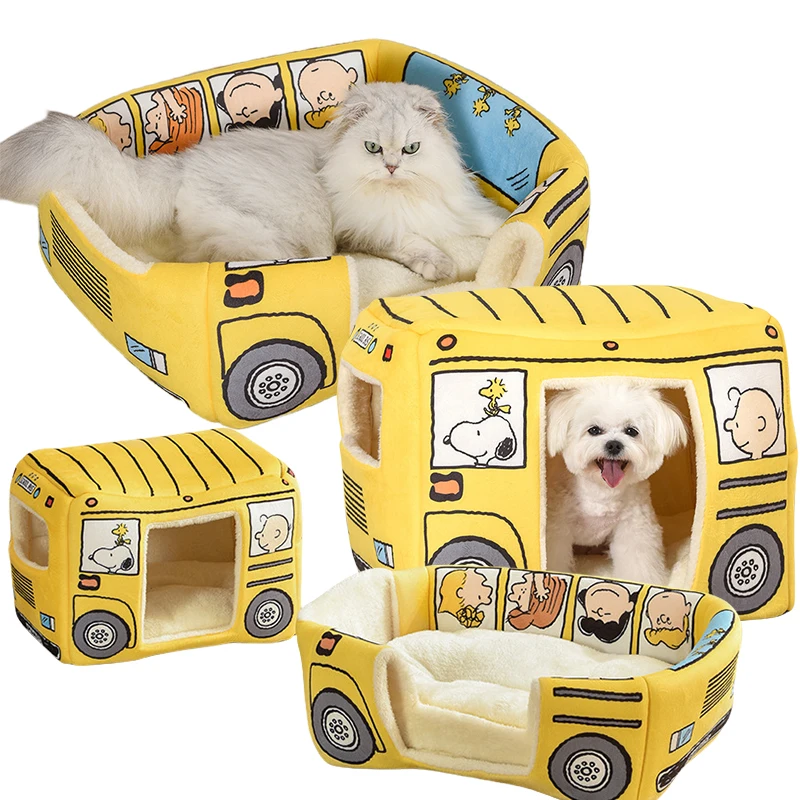 

Гнездо для домашних животных в форме автобуса Snoopy, аниме, четыре сезона, универсальное полузакрытое гнездо для кошек и собак, складное маленькое, среднего размера, подарки для собак