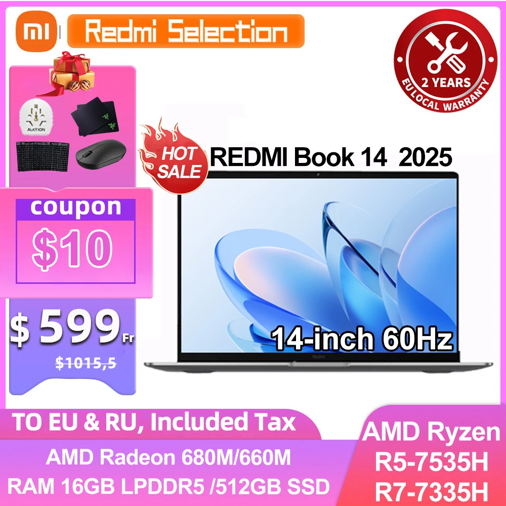 Xiaomi portátil Redmi Book 14 2025 Ryzen 7-7735H/R5-7535H Radeon 680M/660M RAM 16GB 512GB SSD 14 pulgadas 60Hz pantalla Notebook PC delgado