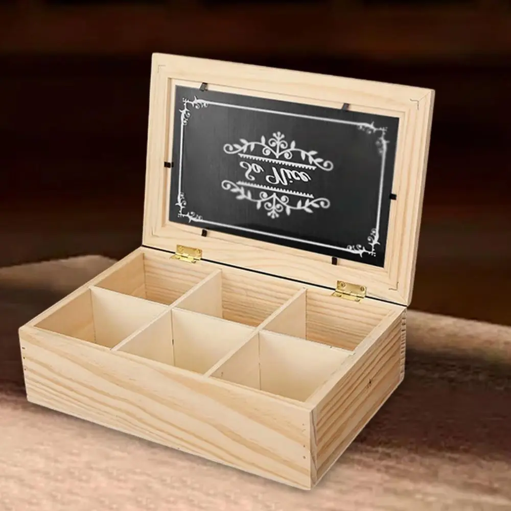 

Durable 6 Grids Wooden Tea Box with Clear Lid Space Saving Tea Bag Holder Multifunctional Handmade Desktop Organizer Office
