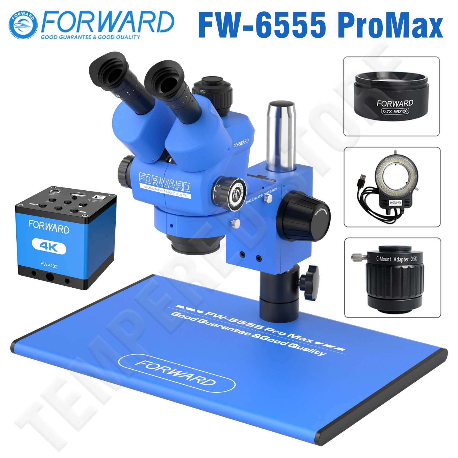 Forward 6.5X-55X Trinocular Continuous Zoom Microscope 4K Camera for Mobile Phone PCB Soldering Electronics Welding Repair Tools