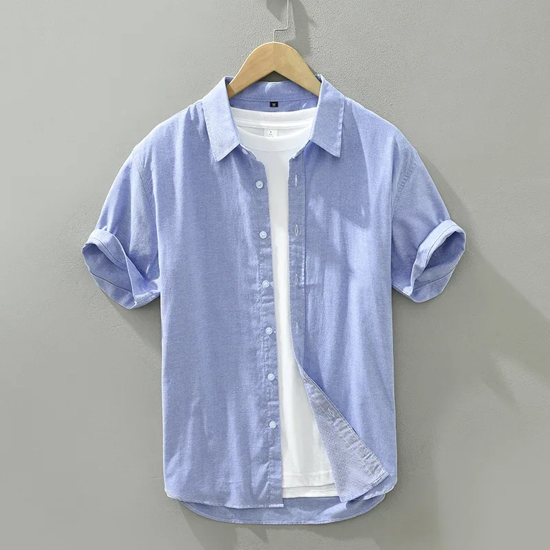 Summer New Short Sleeve Shirt for Men Pure Cotton Turn-down Collar Button Down Shirts Male Solid Casual Korean Clothes