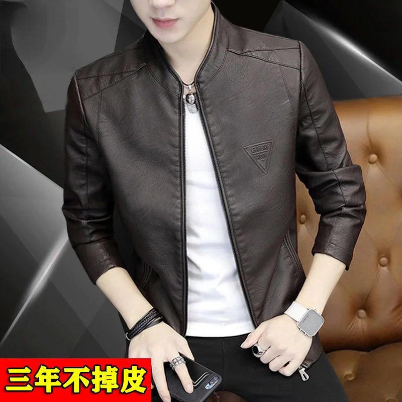 Leather Men's PU Jacket Spring And Autumn New Youth Stand-Up Collar Cardigan Plus Fleece Motorcycle Jacket Men's Clothing Slim