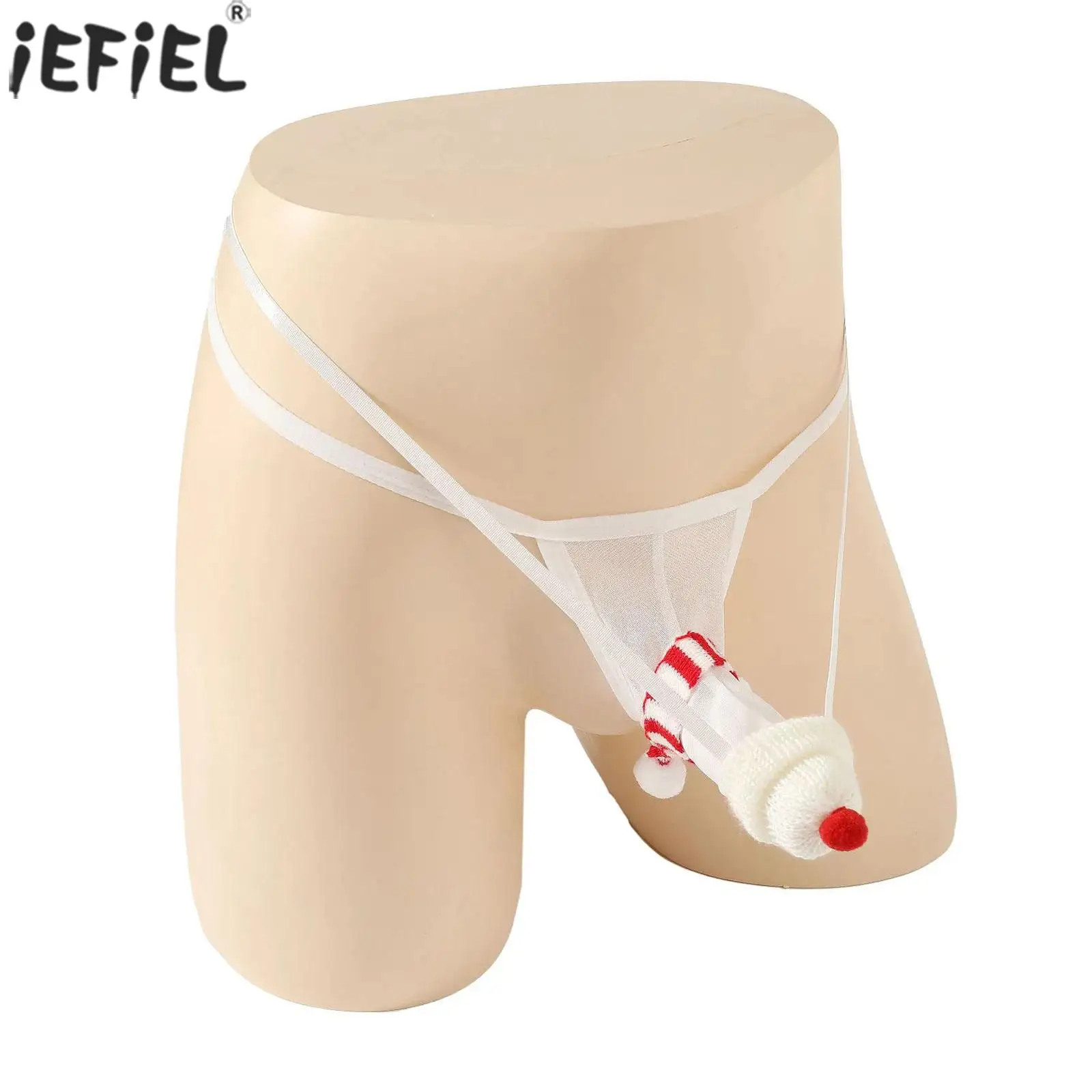 

Мужское нижнее белье, стринги с Т-образной спинкой, мини-шляпой и полосатым шарфом, прозрачные сетчатые стринги, забавные геи, рождественские ночные трусы для ролевых игр