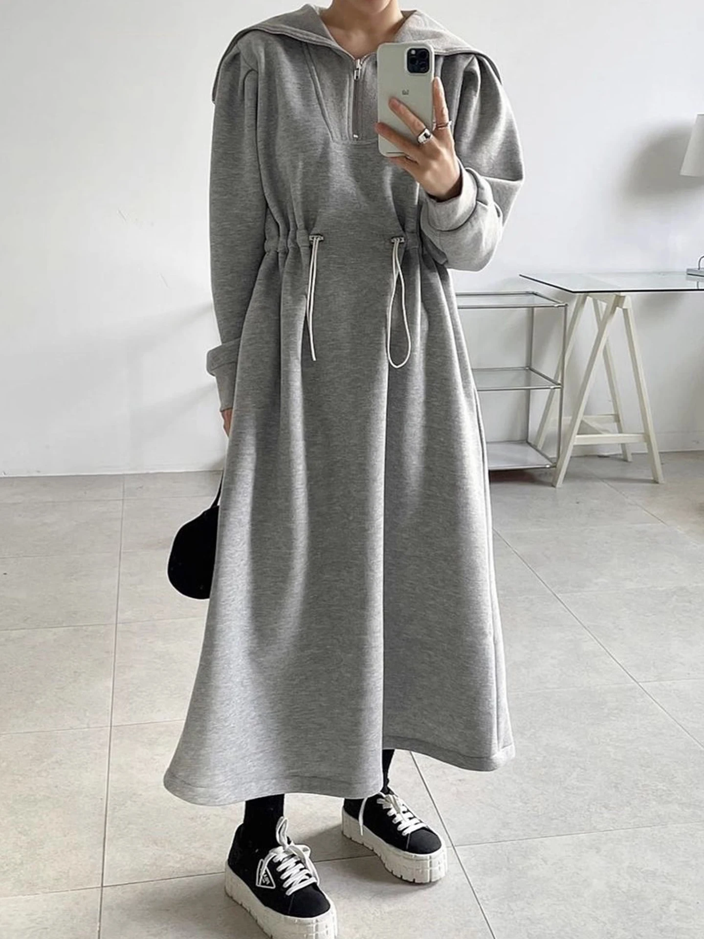 Anti-Aging Ele Collared f-Zip Dstring Hoodie Dr Damen Winter Schlankheits Langer Rock Hohe Taille Pendeln Sle