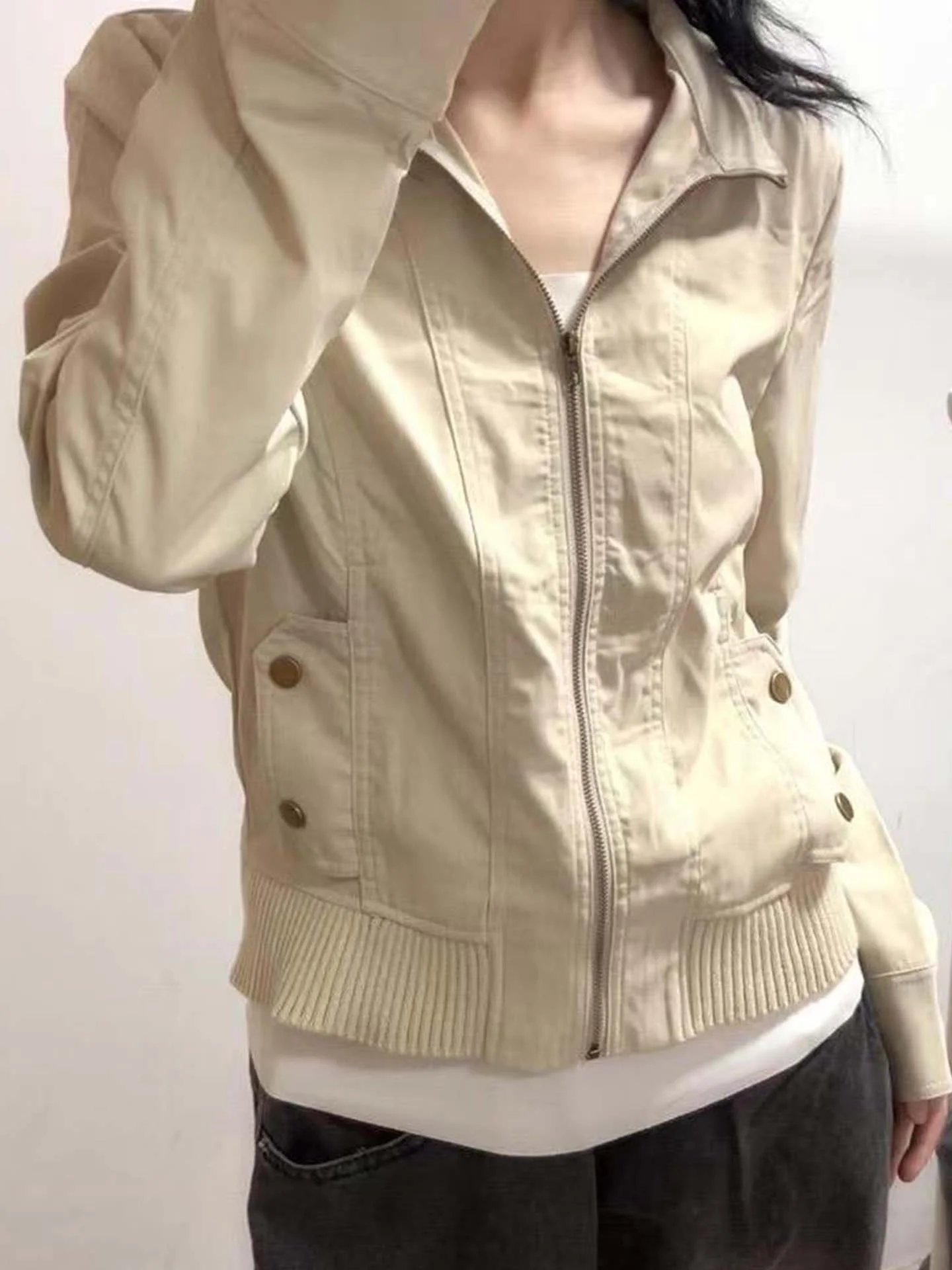 

Ретро-куртка в американском стиле с воротником на молнии, женская модная тонкая верхняя одежда, приталенная, с длинными рукавами, из полиэстера, короткое пальто