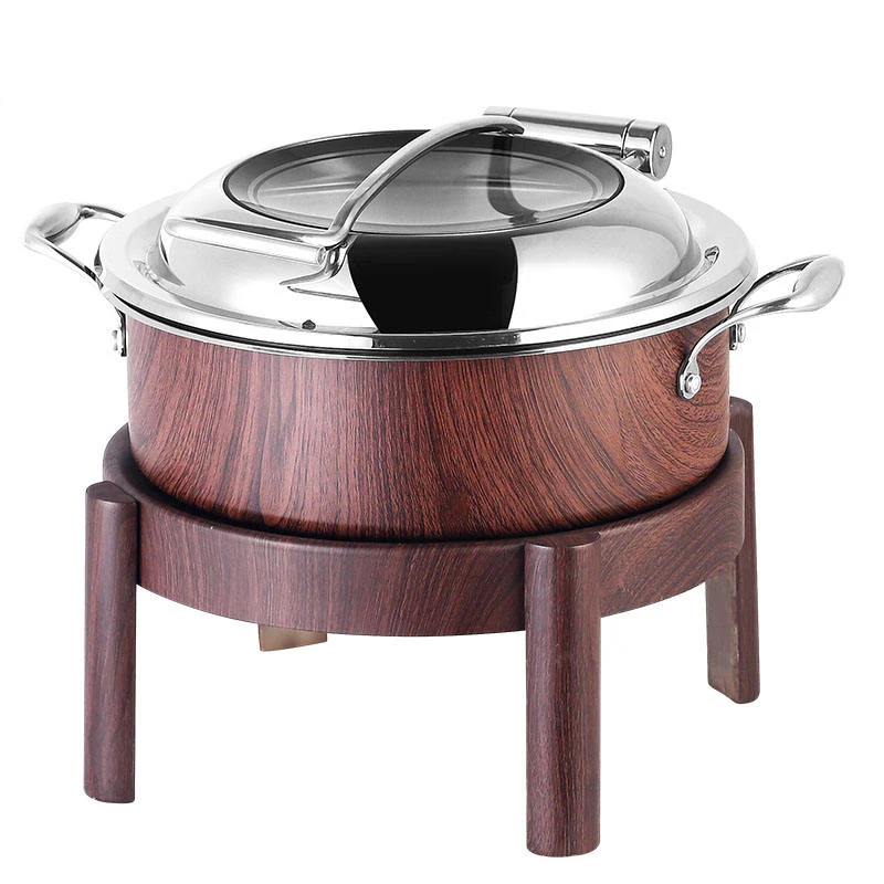 Custom Luxury 9L 30cm Wood Grain Stainless Steel Chafing Dishes Glass Cover Buffet Heating Soup Warmer Stand Hot Air Blower For