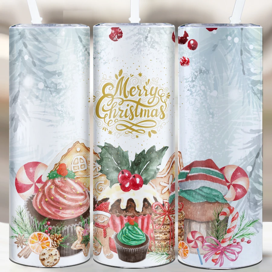 1Pc Merry Christmas 20oz Tumbler Straw Lid Stainless Insulated Water Mug 3D Print Christmas Drink Bottle Party Festive Decors