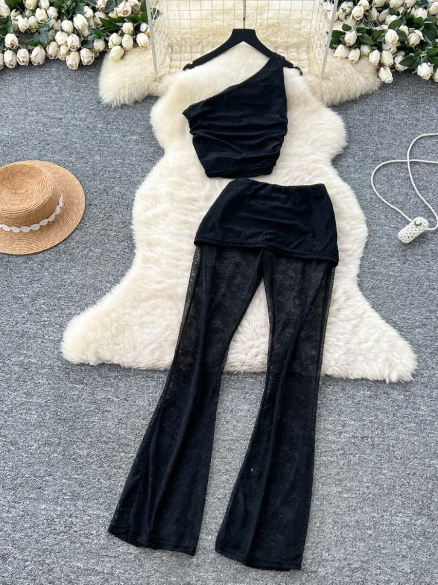 ssTss American Sexy Chaleco ajustado sin mangas con un hombro + Pantalones acampanados de encaje transparentes negros de cintura alta Conjunto de 2 piezas