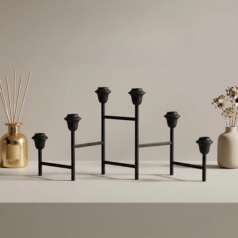 Vintage Black Folding Metal Candle Stand, Multi-functional Long Row Taper Holder for Farmhouse Table Decor