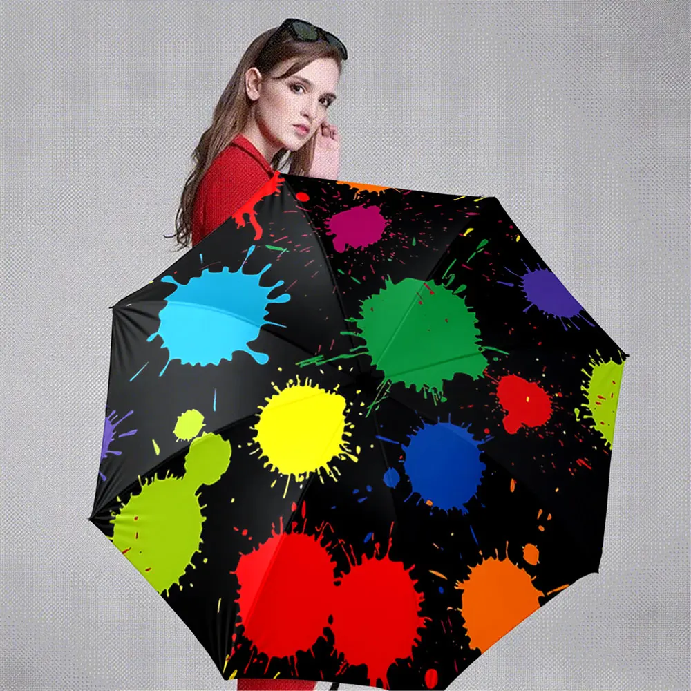 Colorful Paint Splatter Pattern on Black Background Umbrella portable waterproof sun rain umbrella for outdoor travel beach