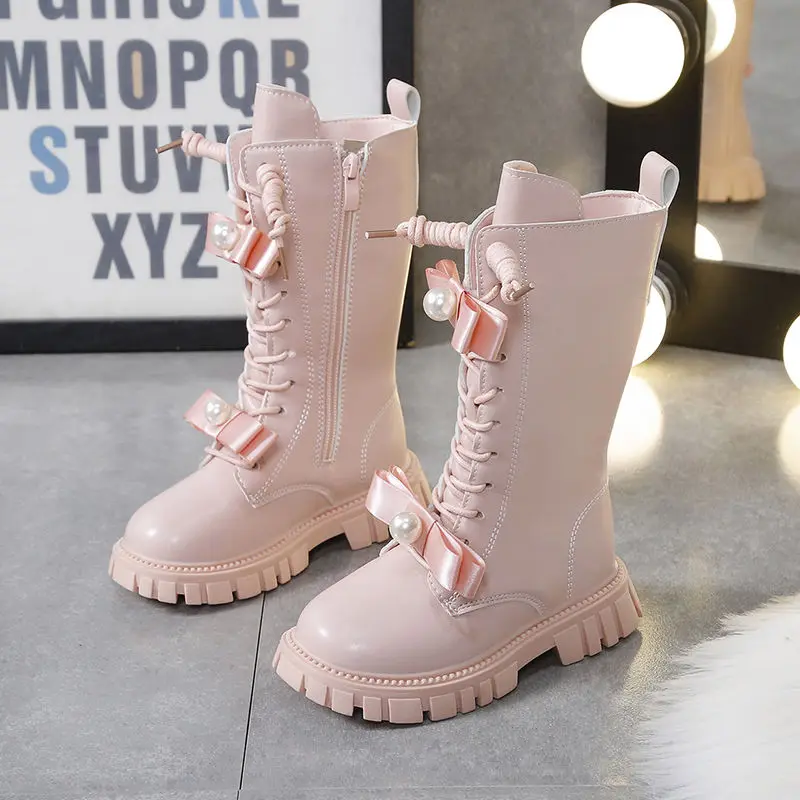 Design Ribbon Bow Pearl Girls Princess Boots Solid PU Leather Zip Children Fashion Boots 2023 Non Slip Kids Knee High Shoes