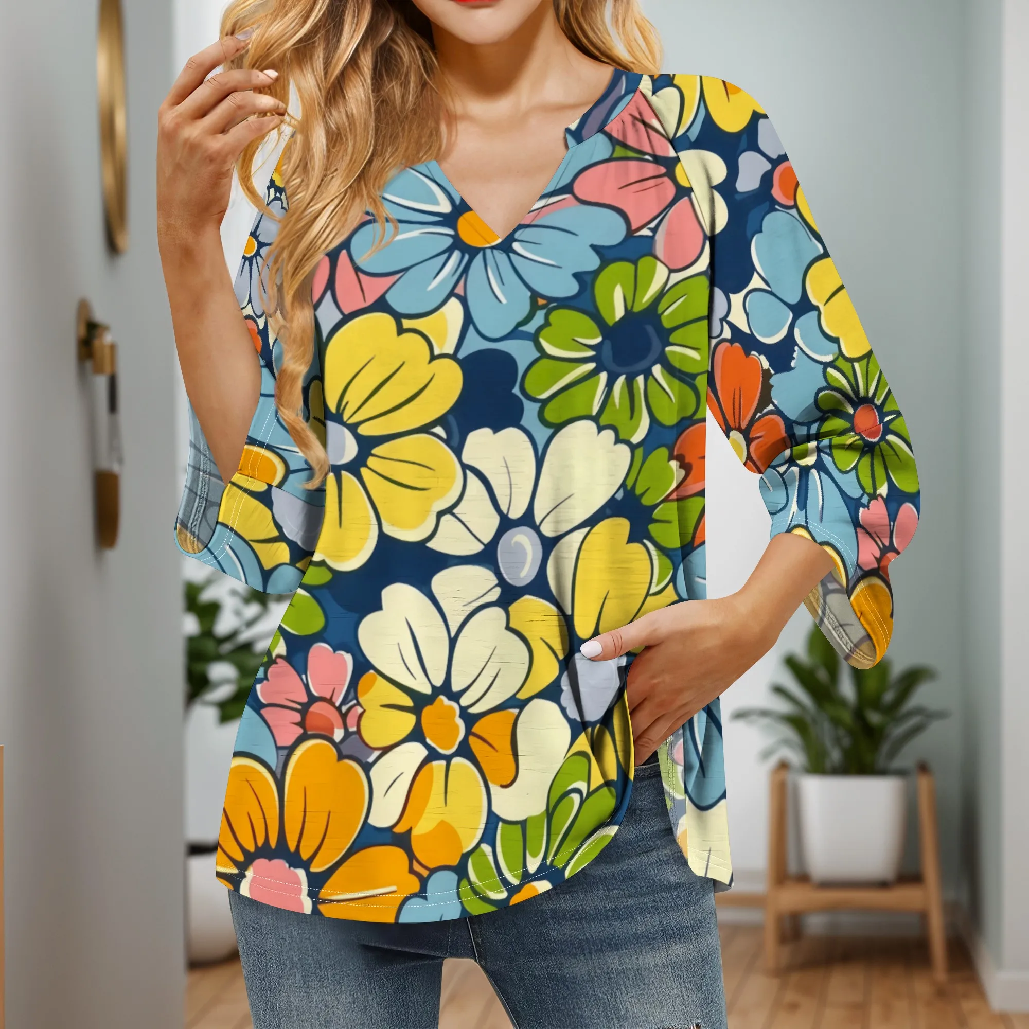 Womens 60's Retro Flower Pattern Tops 3/4 Sleeve Shirts V Neck Blouses Dressy Casual Tunic Tops