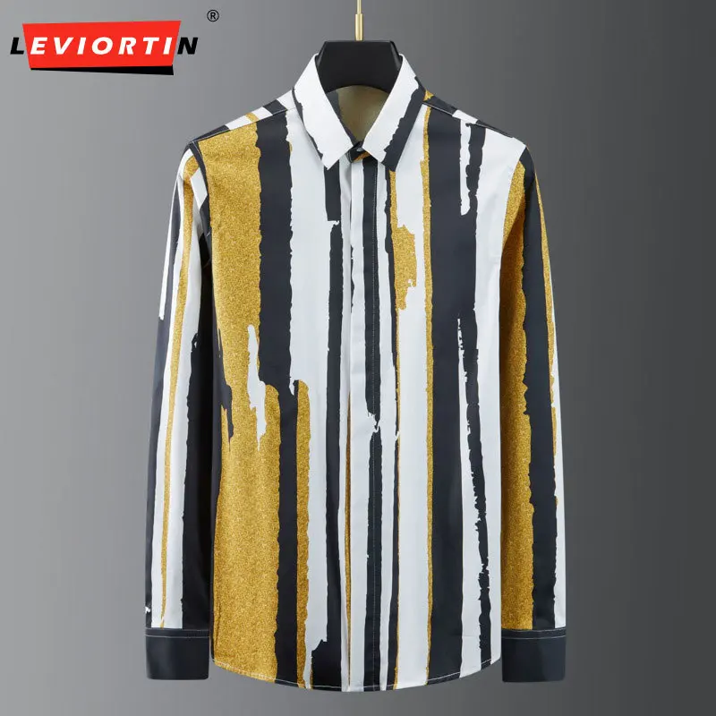 

Gong Tingfeng Gradient Stripes Shirt Men 2024 Spring Long Sleeve Slim Casual Shirts Social Tuxedo Nightclub Blouse Men Clothing