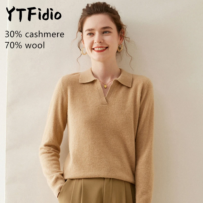 YTFidio Cashmere Merino Wool Sweater Women Long Sleeve POLO-neck Casual Jumpers Solid Knitwear Pullover Tops 103