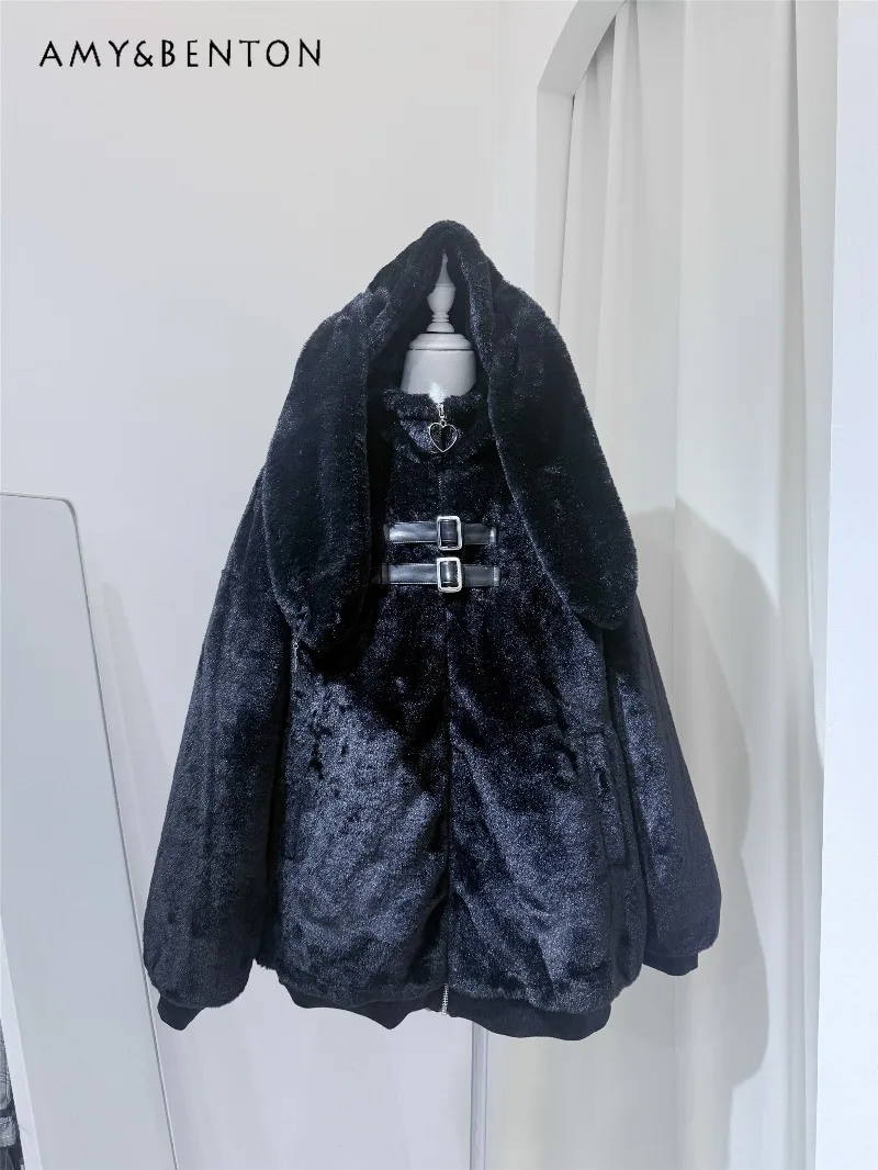 2025 hiver nouveau mignon lapin oreille col haut épaissi manteau en peluche sous-culture Kawaii chaud fermeture éclair mi-longue manteau de fourrure pour les femmes
