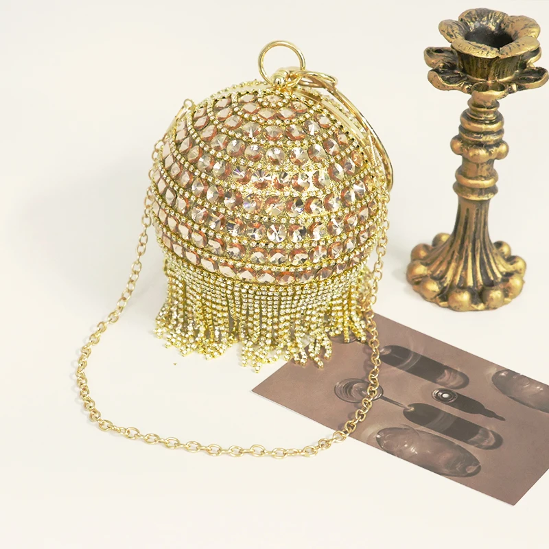 

Circular Crystal Tassels Evening Bags Rhinestone Round Ball Handbags Elegant Luxury Clutch Purse Small Wedding Wallets