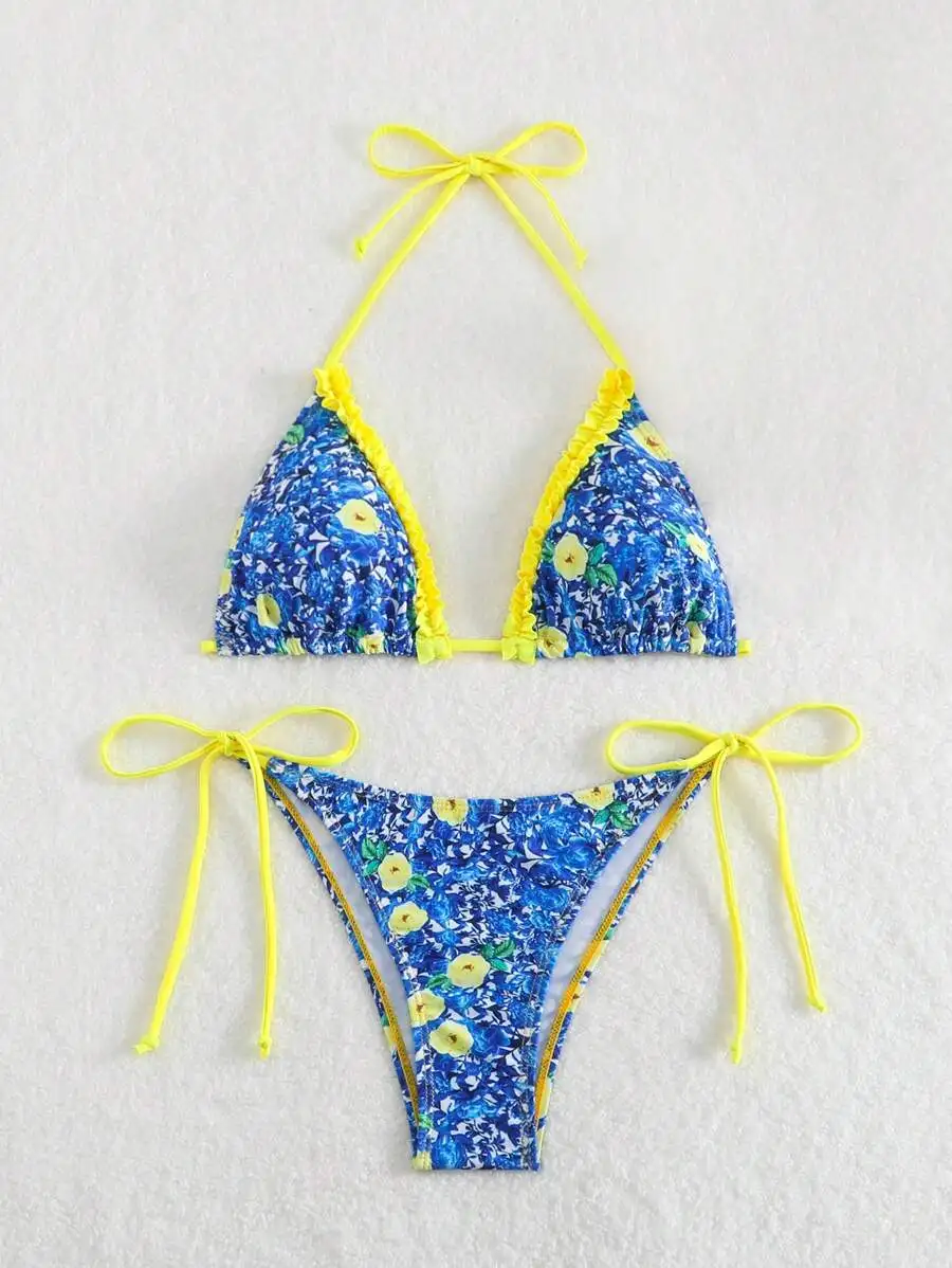 

Womens Floral Print Triangle Bikini Set With Ruffled Edge And Tie Side Halter Top