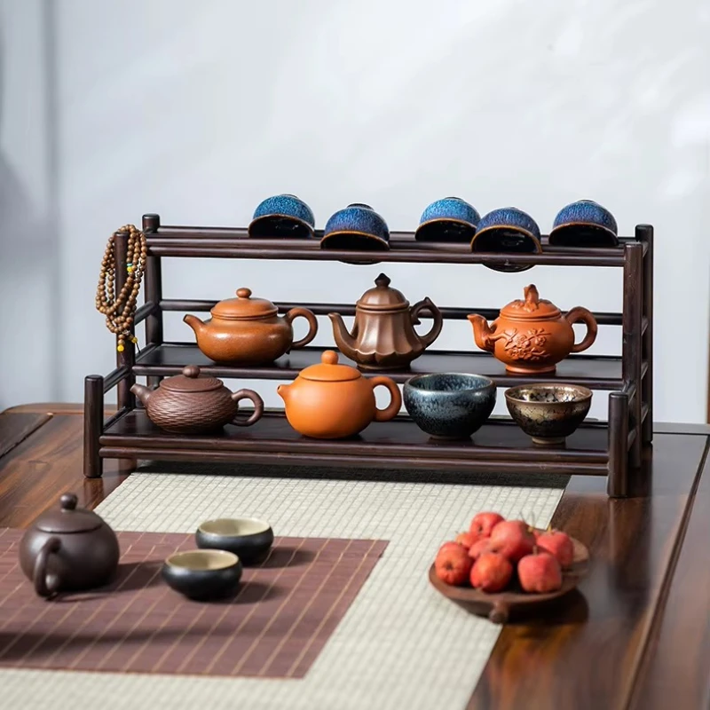 Solid Wood Office Teapot Display Stand Small Chinese Tabletop Tea Rack Elegant Tea Room Organizer Cabinet for Storage Shelf