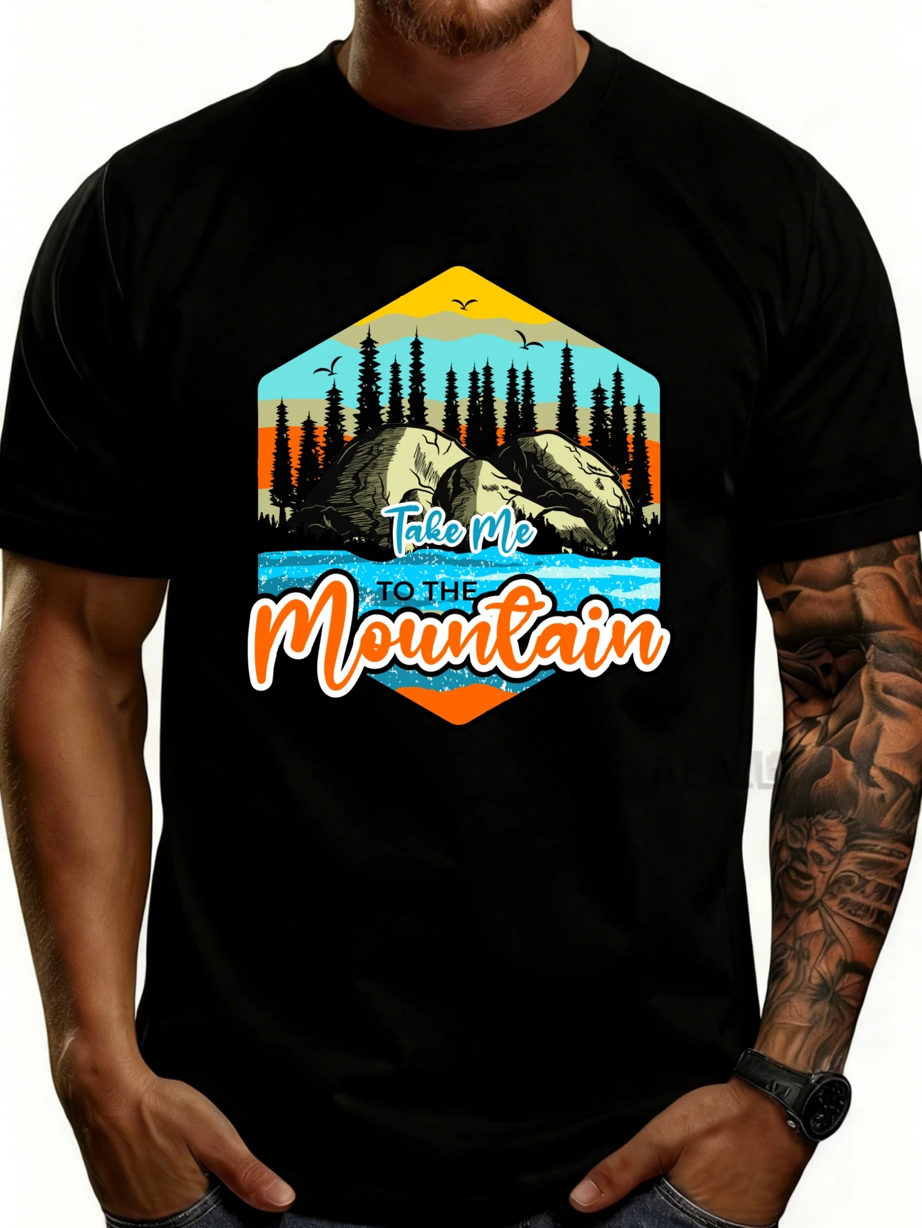 Outdoor Adventure Style Men's T-Shirt with Mountain, Tree, and Lake Design, Featuring the Text 