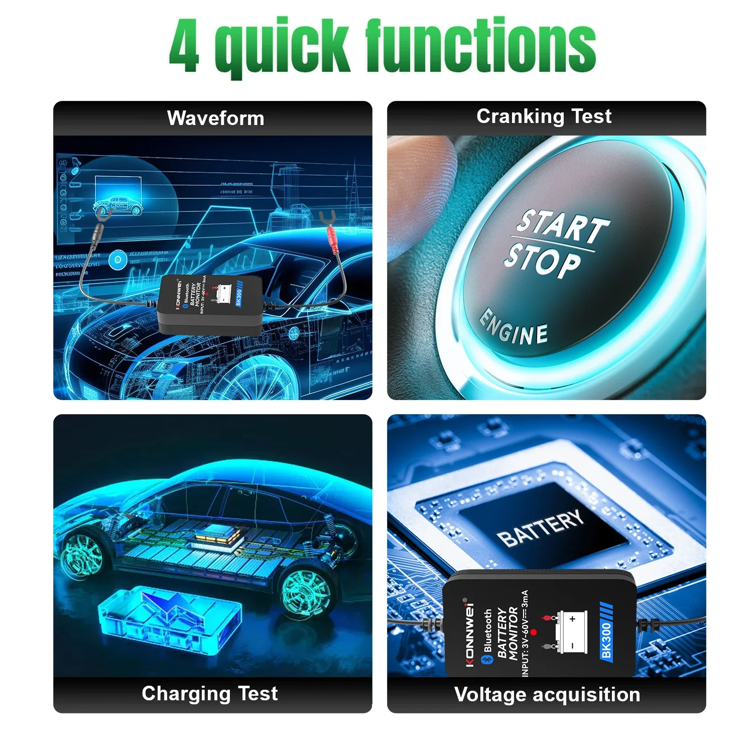 KONNWEI BK300 12V Penguji Baterai Bluetooth Nirkabel 5.2 Monitor Baterai Tampilan LED SOH SOC Penganalisis Baterai Alat Penguji Otomatis
