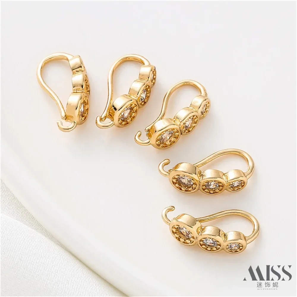 14K الذهب الحقيقي يرتدي النحاس مع ثلاثة حلقات الزركون، والأقراط المصنوعة يدويا DIY، والإكسسوارات والمواد