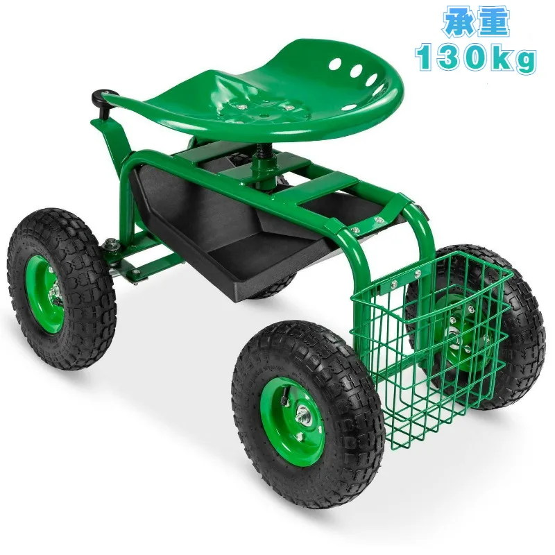 

Movable garden seat car with 360-degree rotating seat and tool tray