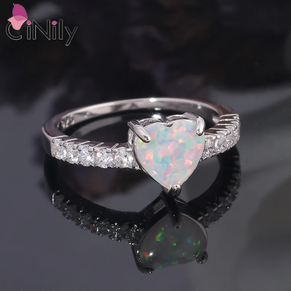 CiNily Created White Fire Opal Rings with Cubic Zirconia Silver Plated Heart Shape Ring Cute Jewelry for Women Love Gift Size6-8 view 2
