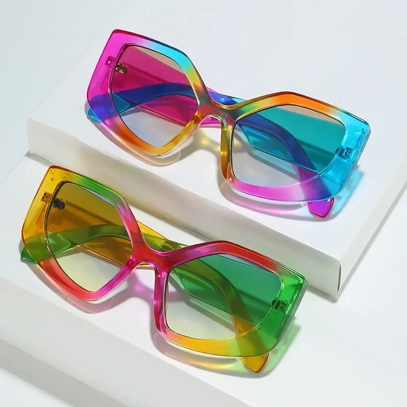 LNFCXI Fashion Rainbow Polygon Cat Eye Women Colorful Gradient Sunglasses Shades UV400 Retro Trending Men Sun Glasses