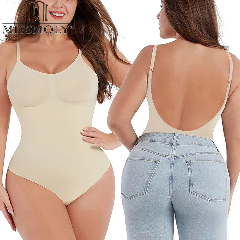 MISSMOLY Plus Size Backless Bodysuits Shapewear Thong Tummy Control Butt Lifting Body Shaper Corsets Slimming Camisole Tops