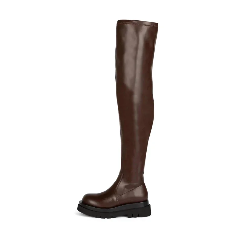 Arden Furtado 2024 Autumn Winter Round Toe Platform Cowhide Thigh High Boots Sponge Cake Sole Slip-on Large Size Knight Boots