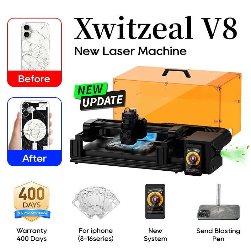 Xwitzeal® V8 Newly Laser Machine for iPhone 8-17 Pro Max Back Glass Repair & Camera Lens W/ Breaking Pen, Iron Mold, Air Filter,