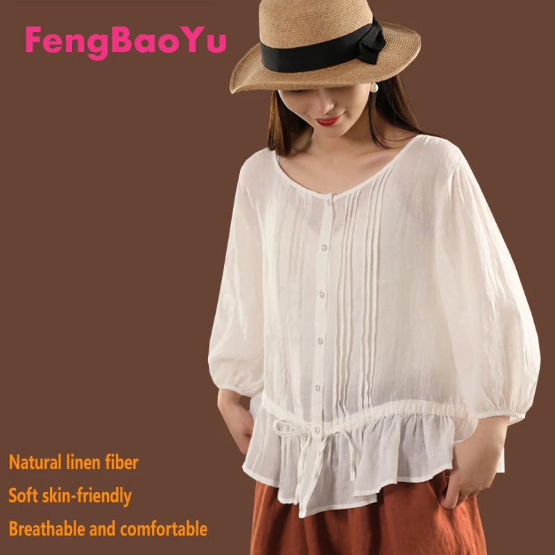 

Женская рубашка из 100% льна, рукава три четверти, круглый вырез, рюши, топ в художественном стиле в стиле ретро, дышащий и впитывающий пот