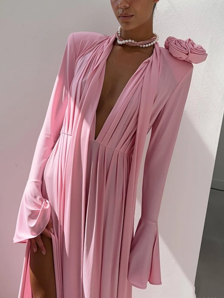Women Flare Sleeve Pleated 3D Flower Dress Sexy Pink Deep V Neck Long Sleeve Split Long Dresses Elegant Evening Party Gowns
