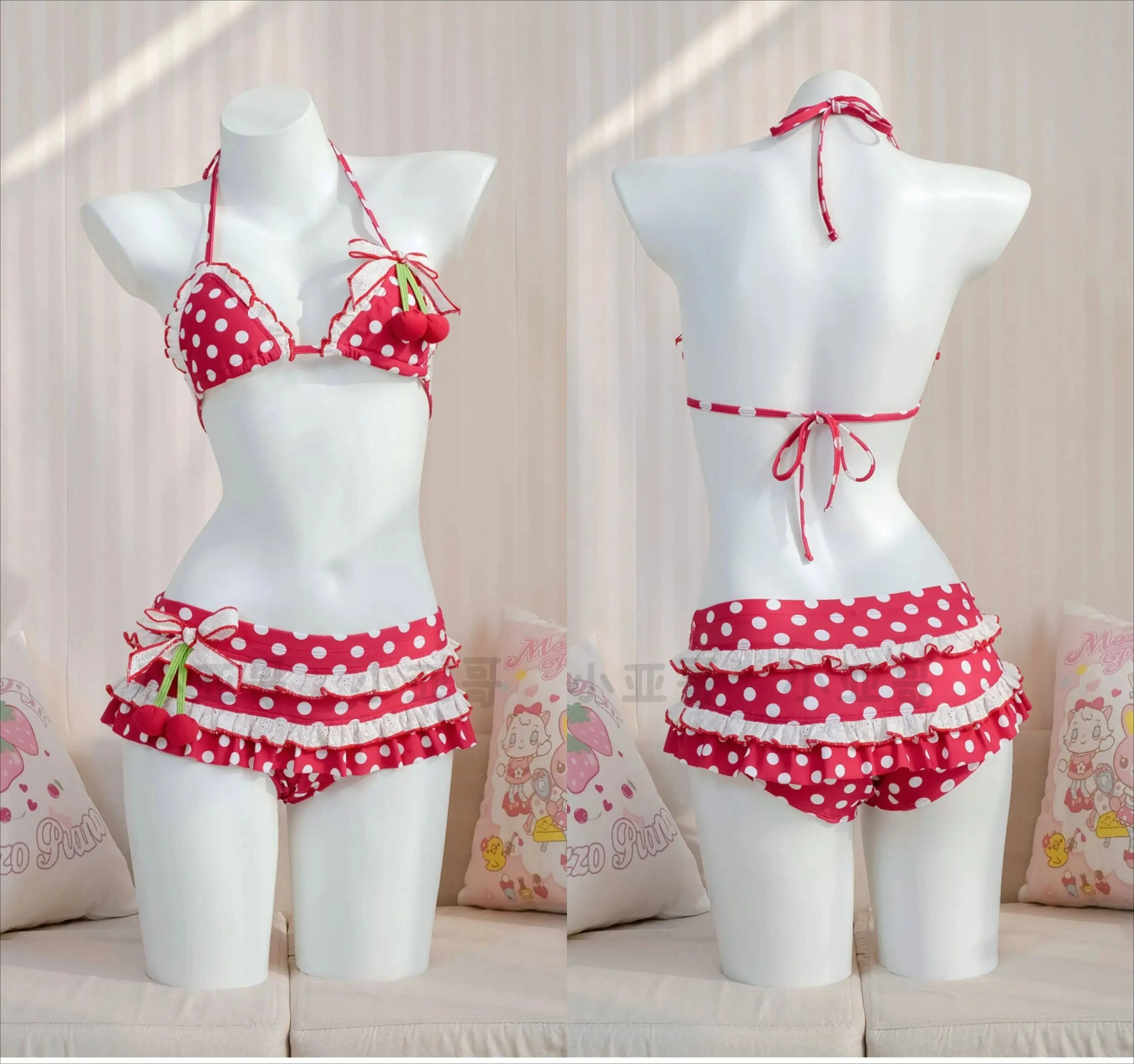 Red Polka Dot Bikini Set with Cherry Bikini Swimsuit Girl Hot Spring Vacation Cute Lolita Style Ruffled Swimwear for Women