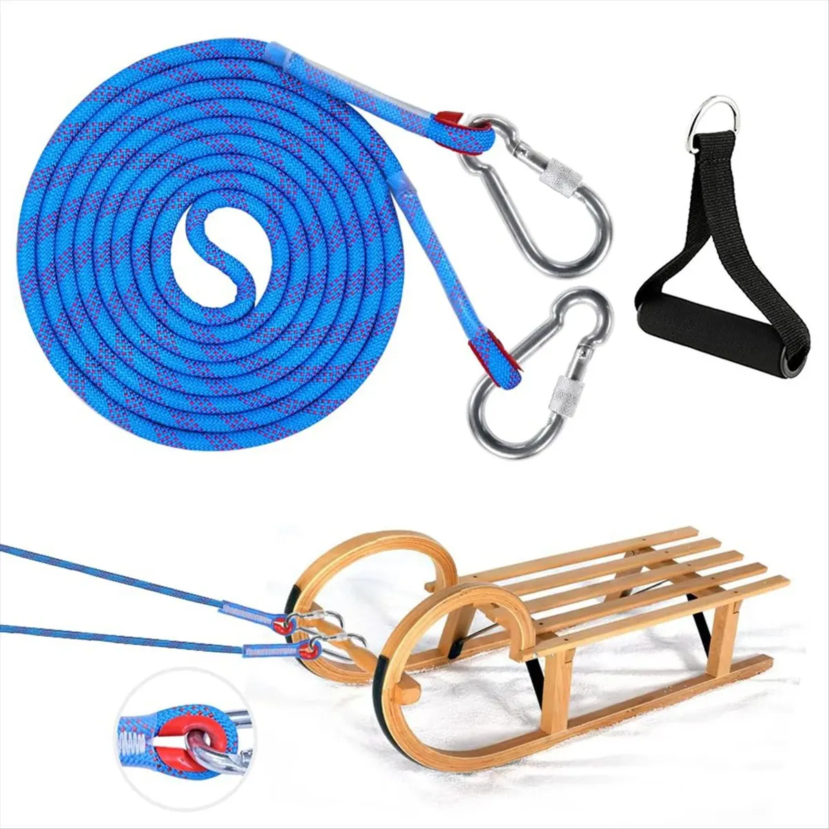 A89X Sledge Rope with Carabiner, Thick Sledge Rope Diameter 10 mm, 4 m Sledge Lead with Handle,for Sledges, Sledge Pull Rope
