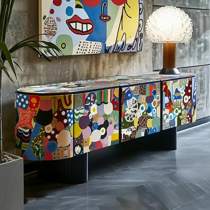 

French retro solid wood TV cabinet living room wall locker original art painted side cabinet