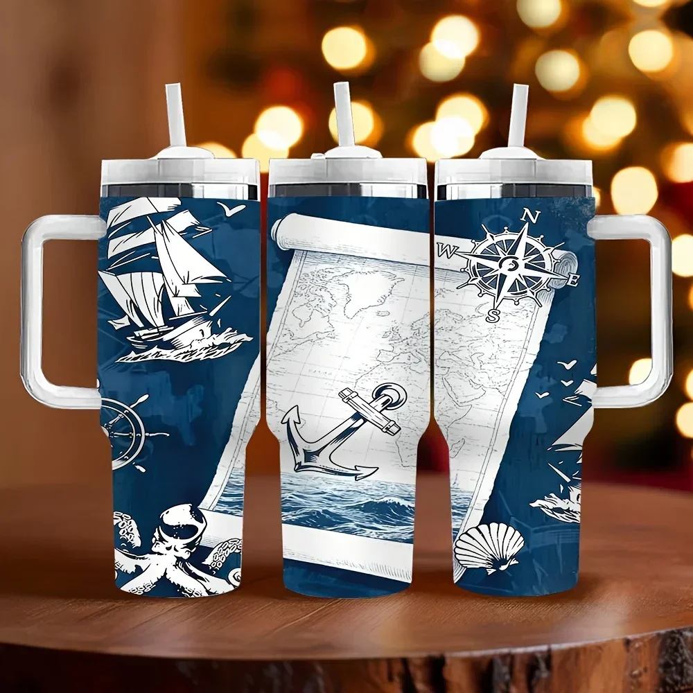 40oz Insulated Tumbler with Handle, Printed with Nautical Sailing Elements, Great As Holiday Birthday Gift, Suitable for Daily Use Outdoor Travel And Keeps Drinks Temperature Long Time
