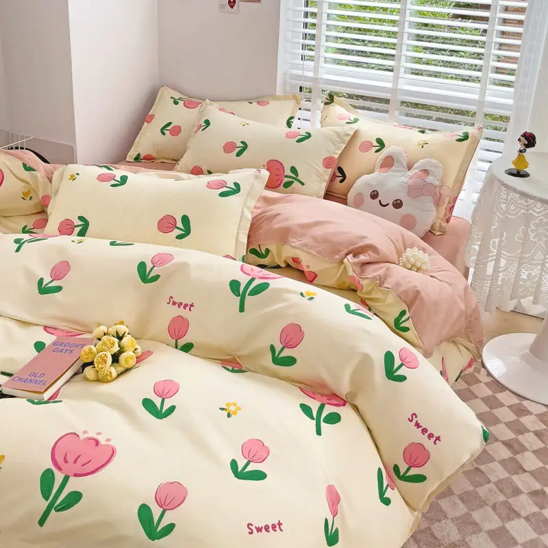 

Cute Floral Bedding Set No Filler Boys Girls Fashion Duvet Cover Pillowcase Flat Sheet Twin Full Queen Size Home Decor Bedspread