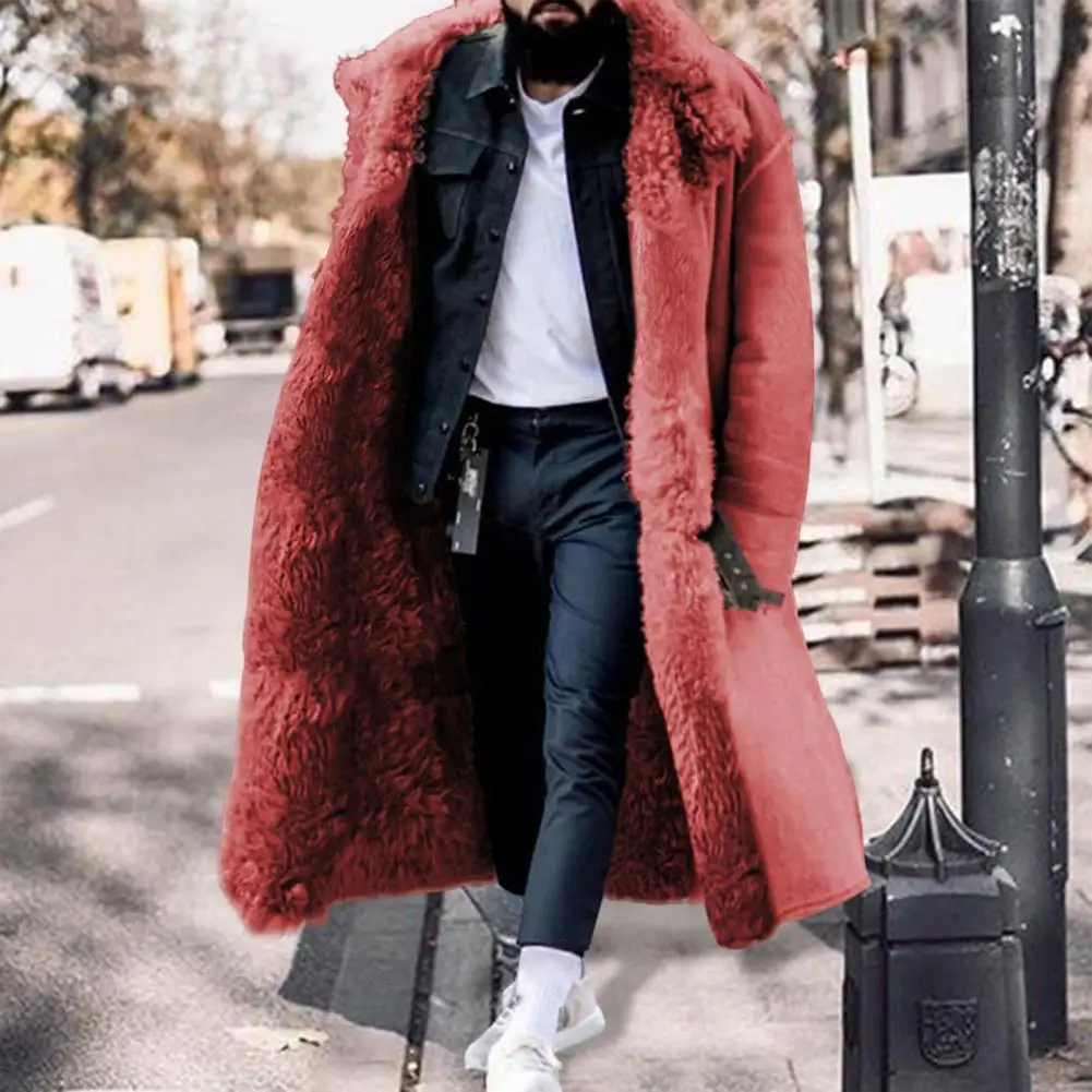 Men Winter Jacket Solid Color Imitation Fur Thick Medium Long Coat Jacket Faux Fur Thicken Buttons Autumn Winter Thick Overcoat